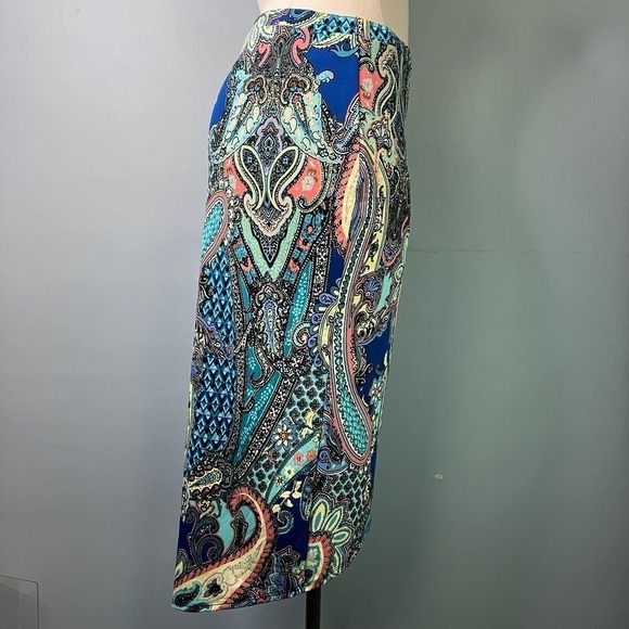Sunny Leight Petites Blue Paisley Tulip Hem Faux Wrap Midi Pull On Skirt Size PL - Picture 5 of 13